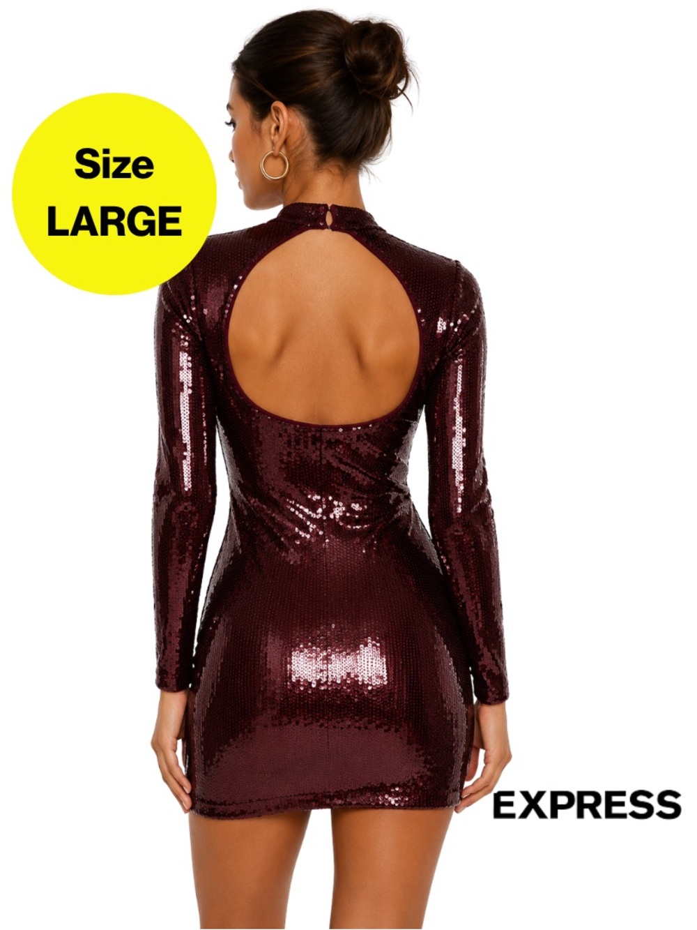 EXPRESS 💋Cranberry Burgundy Mock Neck Sequins Open Back Dress (Women's Large)